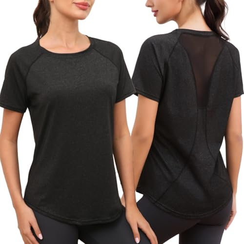 Dresmannst Sportshirt Damen Kurzarm, Sport Tshirt Damen Fitness, Rundhals Back Mesh Sport Oberteile, Leicht Atmungsaktiv Und Dehnbar Funktionsshirt Für Fitness, Laufen, Yoga (XL)
