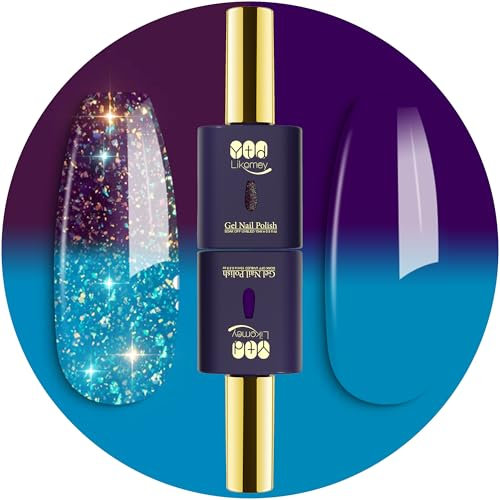 YTD Likomey UV Nagellack Set,2 Pcs 15ml Farbwechsel Thermo Farbgel Reine Farbe und Glitter,Chamäleon Color Change Nagelgel Farbmischung UV LED Gellack-Türkis bis Tiefviolett