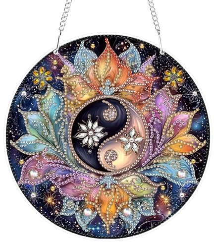 GHHKUD Diamond Painting Fensterbilder Beidseitige, Diamond Painting Yin Yang Blume Anhänger mit Kette, Diamant Painting Bilder Kristall Malerei Anhänger, Wandbehang Kits für Fenster Wand Decor