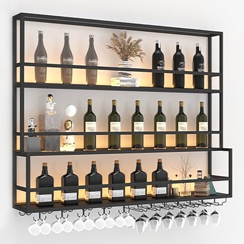 EKDJSN Porte-Bouteilles Muraux en Métal, Casier À Vin Murale, Présentoir Décoratif, 150 × 25 × 121 cm, Porte-Verre À Vin Flottantes, Étagère À Vin À 3 Niveaux, pour Bar Domicile