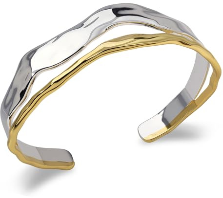 Desnuage Chunky Gold and Silver Cuff Bracelets Sterling Silver Two Tone Open Bangles Double Layer Irregular Wave Hammered Texture Bracelet for Women