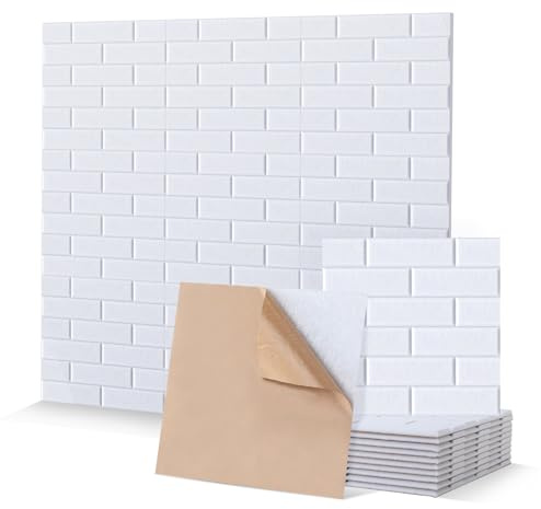 Pamatio 48 Pack(4.3 sqm) Sound Proofing Panels, 12 x 12x 0,4 Square,Acoustic Wall Panels Self-Adhesive Soundproofing Panels, Brick Look, Soundproof Panels for Recording Studios, Home Office,White