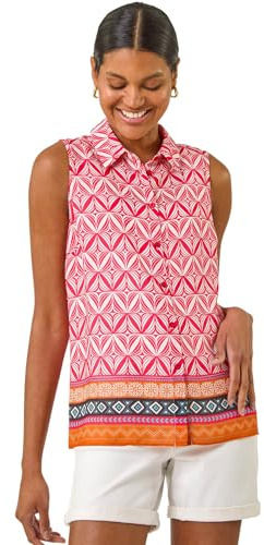 Roman Sleeveless Shirt for Women UK Ladies Blouse Top Button Through Summer Smart Casual Work Cocktail Party Office Holiday Special Occassion Evening Going Out - Red Geometric - Size 18