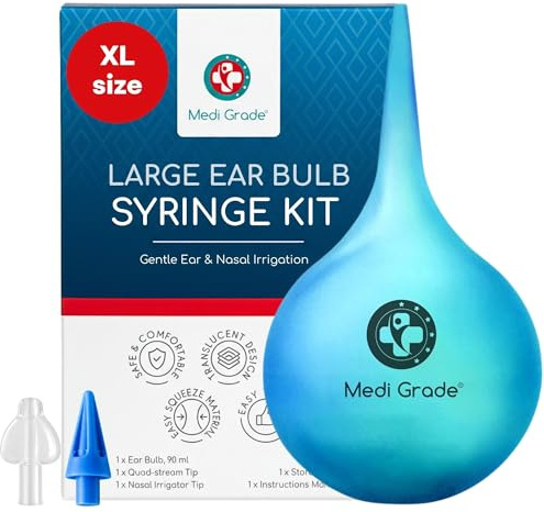 Medi Grade Large Ear Bulb Syringe, 3.04 fl oz - Translucent Bulb Ear Wax Removal Tool with Quad-Stream Tip Ear Cleaner - Travel Friendly and Gentle Ear Cleaning Kit