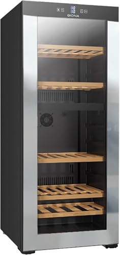 GIONA Cave à vin 2 températures CVG80CF2T – 80 bouteilles, double zone, froid ventilé, noir, 5 clayettes bois, classe G