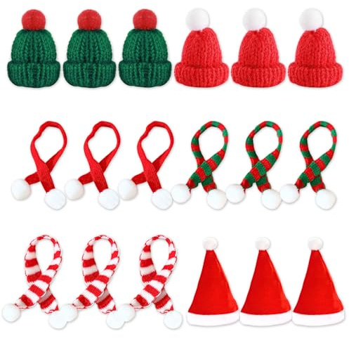 QKEINV 18 Pcs Mini Christmas Hat & Scarf Set, Cute Mini Knitted Hat, Cute Christmas Accessories, Christmas Santa Hat & Scarf Set Lollipop Bottle Cap Decor for Xmas Party Ornaments Doll Accessories