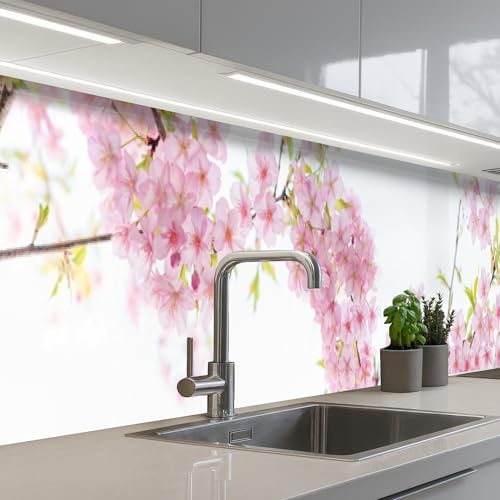 KitchenYeah© Credence Cuisine Sur Mesure 60x500 cm Plaque Adhesive Murale Panneau Decoratif Interieur Peel And Stick Mural Protection Mur Fleur De Cerisier - Rose - Fleurs - Sakura - Nature