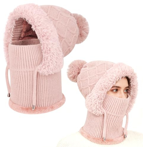 VGMANNTA Plüsch Sturmhaube Damen Kapuzenschal Winter Thermo Skimaske mit Nackenwärmer Multifunktionale Wolle Balaclava Strickmützen für Damen Gefüttert Beanie Mütz für Sport und Outdoor