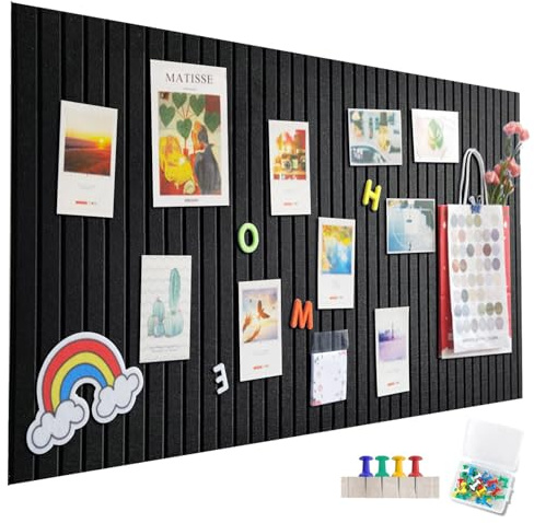 Große Filz Pinnwand Selbstklebend,120x90cm Filzboard,vertikaler Streifen dekorative Pinnwand aus Filz,faltbare Fototafel Memotafeln Memo Boards Bulletin Board für Büro Küche-Schwarz