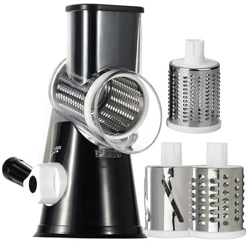Rotary Cheese Grater with 3 Stainless Steel Drum Blades, 3-in-1 Manual Vegetable Slicer & Chopper, Easy-Clean Food Shredder for Cheese, Vegetables, Nuts and More (Black)