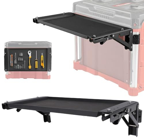 Folding Workbench Compatible with Milwaukee Packout System, Foldable Packout Work Table with Magnetic Tool Tray, Rubber Coated Surface, Aluminium Bracket, Portable Side Workbench for Toolbox