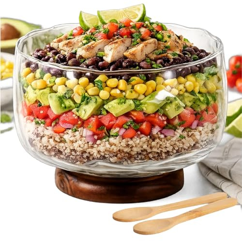 Large Glass Salad Bowl with Wood Base Wooden Servers Oversized Serving Bowl for Family Dinners Parties Weddings Multipurpose Trifle Bowl for Salads Cakes Desserts (Simple style, 3500ml)