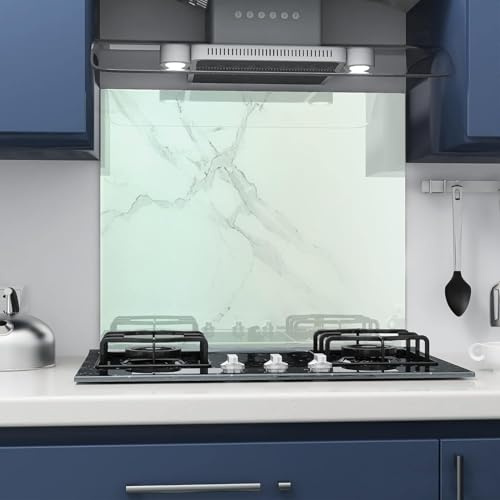 BELOFAY 70x90cm White Marble Tempered Glass Splashback for Kitchen | 6mm Toughened Glass Heat Resistant Hob Splashbacks for Cookers