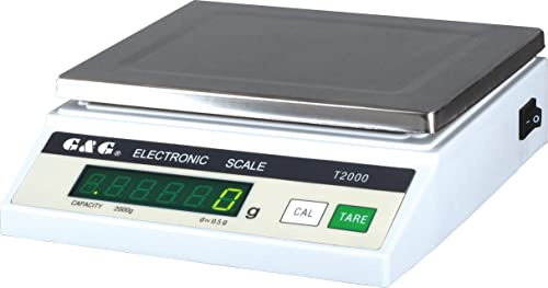 G&G T-Baureihe bis 5000g, Versionen ab 0,1g. 230V Stromanschluss, keine Abschaltautomatik, LED-Display, Edelstahl-Wägefläche, Tara-Funktion (Version T2000 2000g/0,5g)