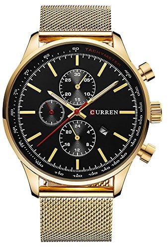 CURREN Luxuriöse Herren-Quarzuhr aus Edelstahl, lässig, wasserdicht, Datumsanzeige, Sport-Armbanduhr (Gold, Schwarz)