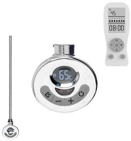 Sol*Aire Heating Products R3 Thermostatic Electric Element With Timer And Remote For Heated Towel Rail/Warmer Conversion. LOT 20 Compliant, Digital Display, Splash Proof, Chrome, 600W