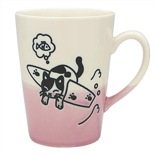 Taza de té japonesa Mino de cerámica de 240 ml, fabricada en Japón, gato surfero blanco rosa K13325