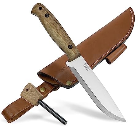 BPS Knives Adventurer - Coltello Bushcraft - Coltello in Acciaio al Carbonio a Lama Fissa con Fodero in Pelle e Acciarino - Coltello Esterno a Lama Intera - Coltelli da Campeggio