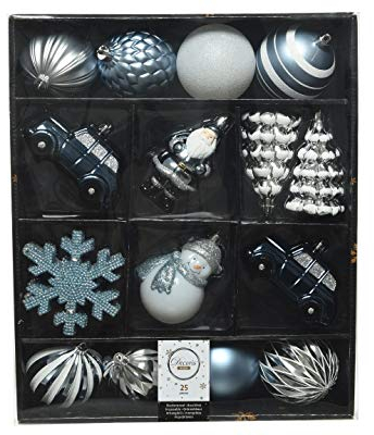 ETC 25-er Set dekorativer Figuren-Kugelmix PVC Weihnachtskugeln Baumschmuck bruchfest Christbaumschmuck (blau/weiß/Silber)