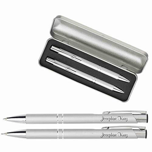 Schmalz® Kugelschreiberset Kugelschreiber und Druckbleistift mit Gravur Geschenk hochwertig | bestandene Prüfung Geschenk | personalisierte | blauschreibend (silber, mit Gravur)