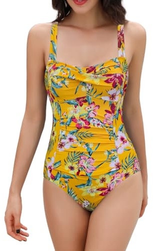 SHEKINI Mare da Donna Costumi Interi Push up Retro Bikini con morbide Coppe Un Pezzo Costume da Bagno Intero Ruched Triangolo Regolabile Sexy Body Swimsuit Monokini (XL,Curcuma JH)