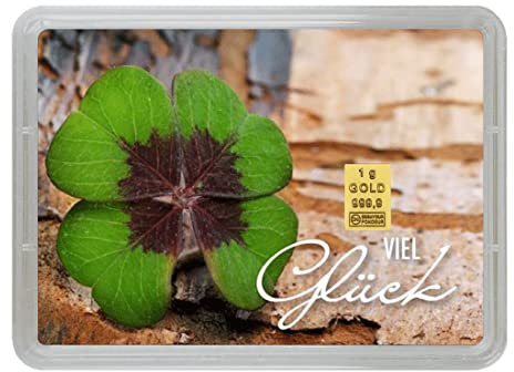 Goldstücke24 - Goldbarren in Geschenk Motivbox “Viel Glück” – Tolle Geschenkidee - Feingold 999,9 (1.0g Gold)