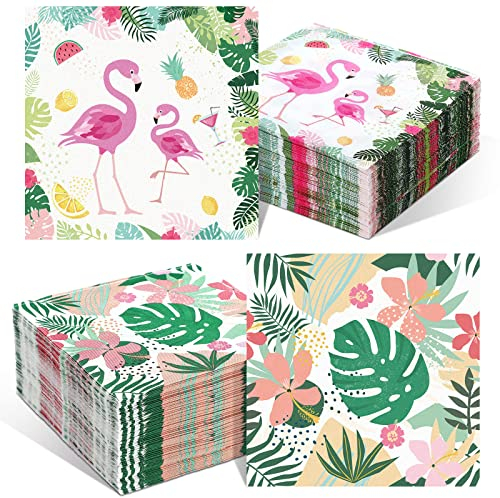 Crtiin 200 Stück Flamingo-Papierservietten, Luau-Dinner-Party-Servietten, tropische Servietten, Einweg-Servietten, Cocktail-Servietten, für Geburtstag, Sommer, Pool, Hochzeit, Babyparty, 12.7x12.7 cm