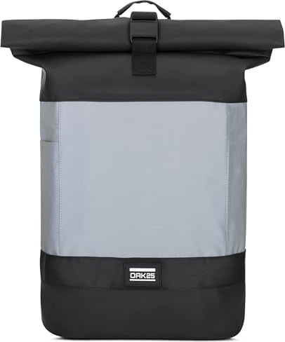 OAK25 Rolltop Rucksack Damen & Herren Schwarz - Commute L - Reflektierender Fahrradrucksack - Hohe Sichtbarkeit & Sicherheit - Fahrrad Daypack mit Laptop Fach - Wasserabweisend