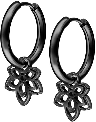 Wildcat Ohrringe - Little Flower Hoops - Creolen aus Edelstahl mit Blumen Anhänger - wasserfest, langlebig, hautverträglich - schwarz