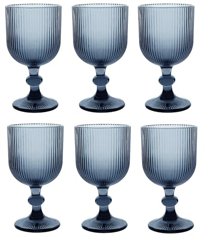 GMMH Juego de 6 copas de vino de colores vintage con relieve (línea/azul/350 ml), copas de boda, copas de champán, jarra, cuenco de postre, copas de cristal, copas de vino, copas de agua, copas de