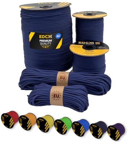 EdcX Paracord 4mm, 35+ Solid Colors (10m, 15m, 30m, 50m, 100m, 300m) | Ideal for Crafting, DIY, Camping, Survival, Outdoor | 100% Nylon Rope 4mm | Tactical Cord 550 Type III (Navy Blue, 10 m)