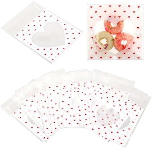 100 Stück Cellophantüten Klare Selbstklebende Plätzchentüten 10x10 cm Transparent Herzförmige Tasche Zellophantüten Plastiktüten für Süßigkeiten für Backwaren, Kekse, Süßigkeiten, Kekse und Desserts