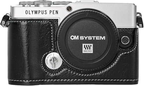 BMAOLLONGB E-P7 Case, Handmade PU Leather Half Camera Case Bag Cover Bottom Opening Version for Olympus Pen E-P7 EP7 With Neck Strap Mini Storage Bag (Black)