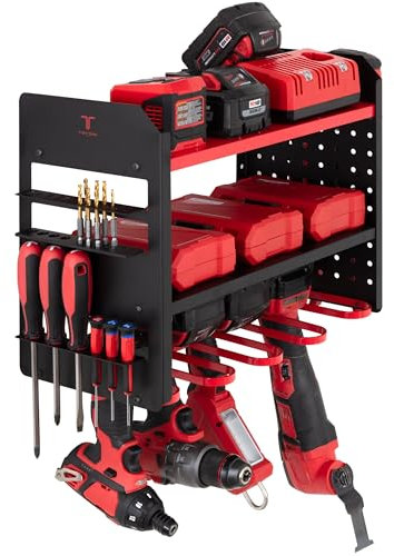 Power Tool Organizer - Wall Mount Storage for Garage Organizes 4 Cordless Drills & Tools - Heavy Duty Rack w Pegboard Sides Shelves & Hooks - Neatly Holds Screwdrivers & Drill Bits RED/BLACK