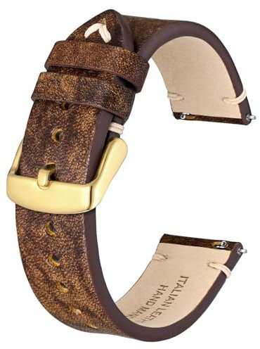 BSIONSTRAP Antike Uhrenarmband für Herren, Italienisches Leder, Schnellverschluss Armband, Kompatibel mit Uhrenanstoßbreiten von 20 mm, Karamellbraun (Goldene Schnalle)
