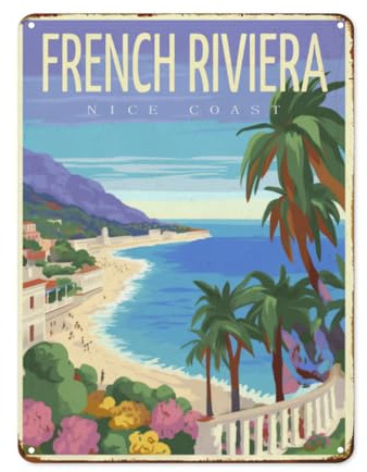 Metallschild Vintage Reise Landschaft Französisch Riviera Nizza Küste Eisenmalerei Nostalgie Metall Poster Vintage Wanddekoration Für Garten Garage Office S