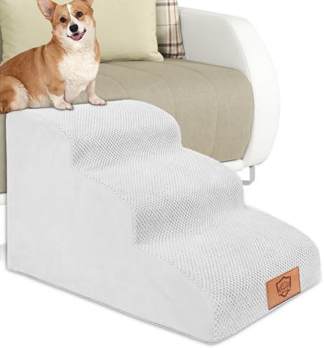 Pawchop Dog Steps for Bed, 3-Step High Density Foam Dogs Stairs with Non-slip Cover, Waterproof Dog Ramp for Small Injured Older Pets, Dogs Steps Ladder with Storage Pocket - White, 40 x 40 x 60 cm