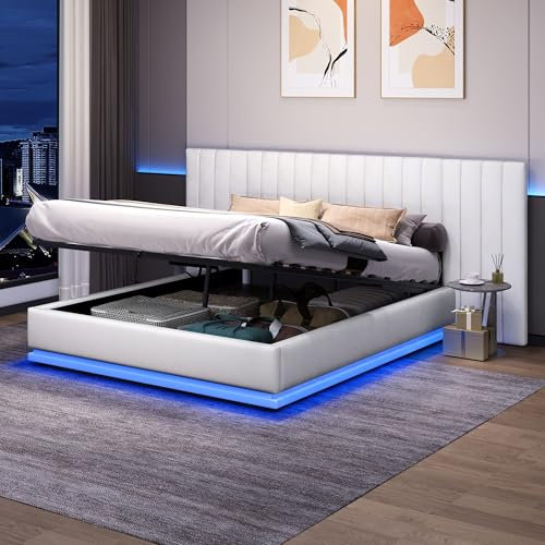 Upholstered Ottoman Bed, Hydraulic Storage Bed with LED Lighting, 4ft6 Double Bed Frame with Channel Tufted Wide Headboard, Velvet Gas Lift Ottoman Bed With Storage & Wooden Slats, Beige, No Mattress