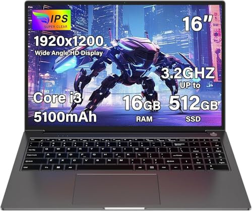 Ruzava Laptop Gaming Computer 16GB RAM 512GB 1TB SSD Expansion Core i3 (up to 3.2Ghz) Notebook 16 Inch Laptop Computer 1920 * 1200 IPS UHD Type C 5G WiFi with Mouse & Keyboard Film UK-Gray