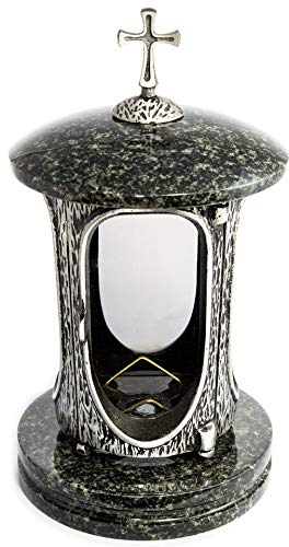 Stilvolle Grablaterne Anthrazit mit Kreuz Granit Impala dunkel Höhe 27 cm/Ø 15 cm Grableuchte Grablicht Grablampe Granitlampe Granitlaterne Bronze mit Sockel Grabschmuck