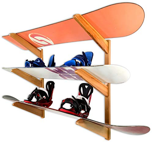 StoreYourBoard Snowboard-Wandregal, Skiständer für 3 Snowboards, Holz Zuhause und Garage, natur