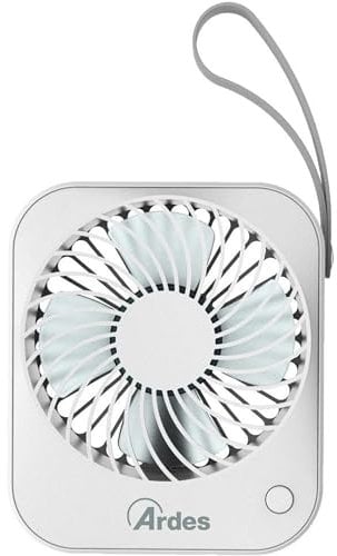 ARDES | AR5F03BT Ventilatore da Tavolo Mini TAURO - Mini Ventilatore Portatile a Batteria con Presa USB - Maniglia Eco Pelle - Ventilatore Personale Inclinazione Regolabile con 4 Pale - Diametro 10cm