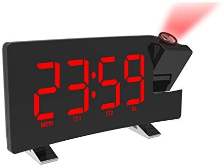 DollaTek Projektionswecker für Schlafzimmer Digitale Decke Radio Wecker mit Doppelwecker 4 Dimmer 180 ° drehbarer großer LED-Bildschirm - Schwarze Schale Rotes Wort
