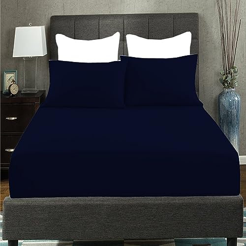 British Home Bedding Percale Extra Deep 16inch/40CM Fitted Sheet - Easycare Non iron and Anti Wrinkle Easy Iron Deep Fitted Sheet (Navy, Double)