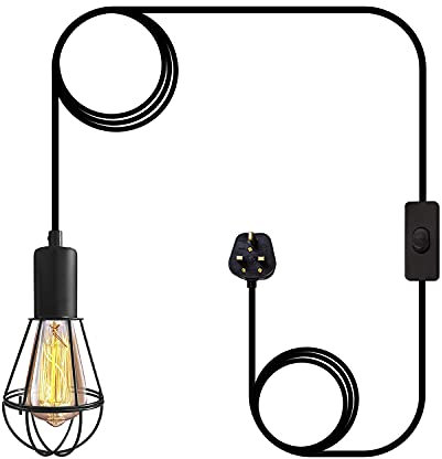 Crzpchas Pendant Light Retro Plug in Pendant Lighting Vintage Ceiling Light E27 Lamp Holder Hanging Light with Plug and 21.7ft Power Cord Black Metal Cage Pendant Lamp for Garage(Bulb Not Included)