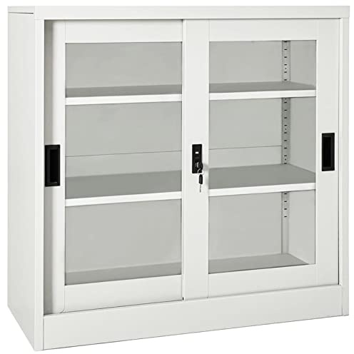 Gecheer Büroschrank aus Stahl mit Vitrine und Schiebetüren, Büroschrank aus Metall, Karteischrank Büro Metall, Archiv, Metall, Schiebetüren, Stahl, Farbe Hellgrau, 90 x 40 x 90 cm