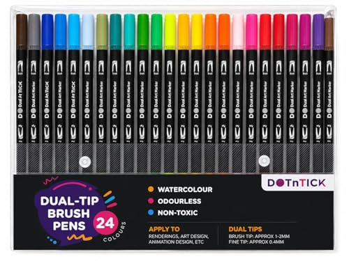 DOTnTICK 12 Colouring Pens – Dual Tip Brush & Fineliner Felt Tip Markers for Kids & Adults, Fine Point Colouring Pens for Journaling, Sketching, Drawing & School Work