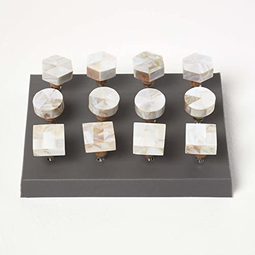 HOMESCAPES Keramik-Möbelknöpfe-Set sortiert, 12 Möbelgriffe rund, viereckig und sechseckig, je 3x3x6,5cm, beige-natur