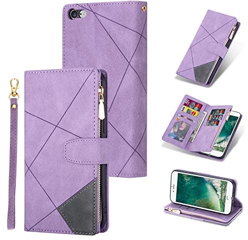 UEEBAI Wallet Case for iPhone 6 Plus/iPhone 6S Plus, Vintage Premium PU Leather Cover Flip Case with Card Slots Magnetic Closure Zipper Pocket Kickstand Handbag with Hand Strap - Diamond Purple
