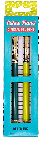 Pukka Pad, Pukka Planet Metal Pens with Refillable Gel Ink in Plastic Free Packaging - Perfectly Weighted with Smooth, Precise Black Ink, and Removable Cap – Pack of 2, Blue and Green
